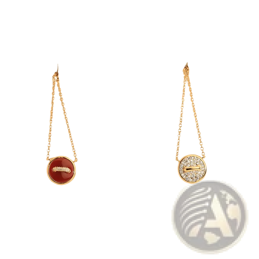 Rose gold double sided button necklace sterling silver with two gold toned pendants featuring red and clear crystal charms