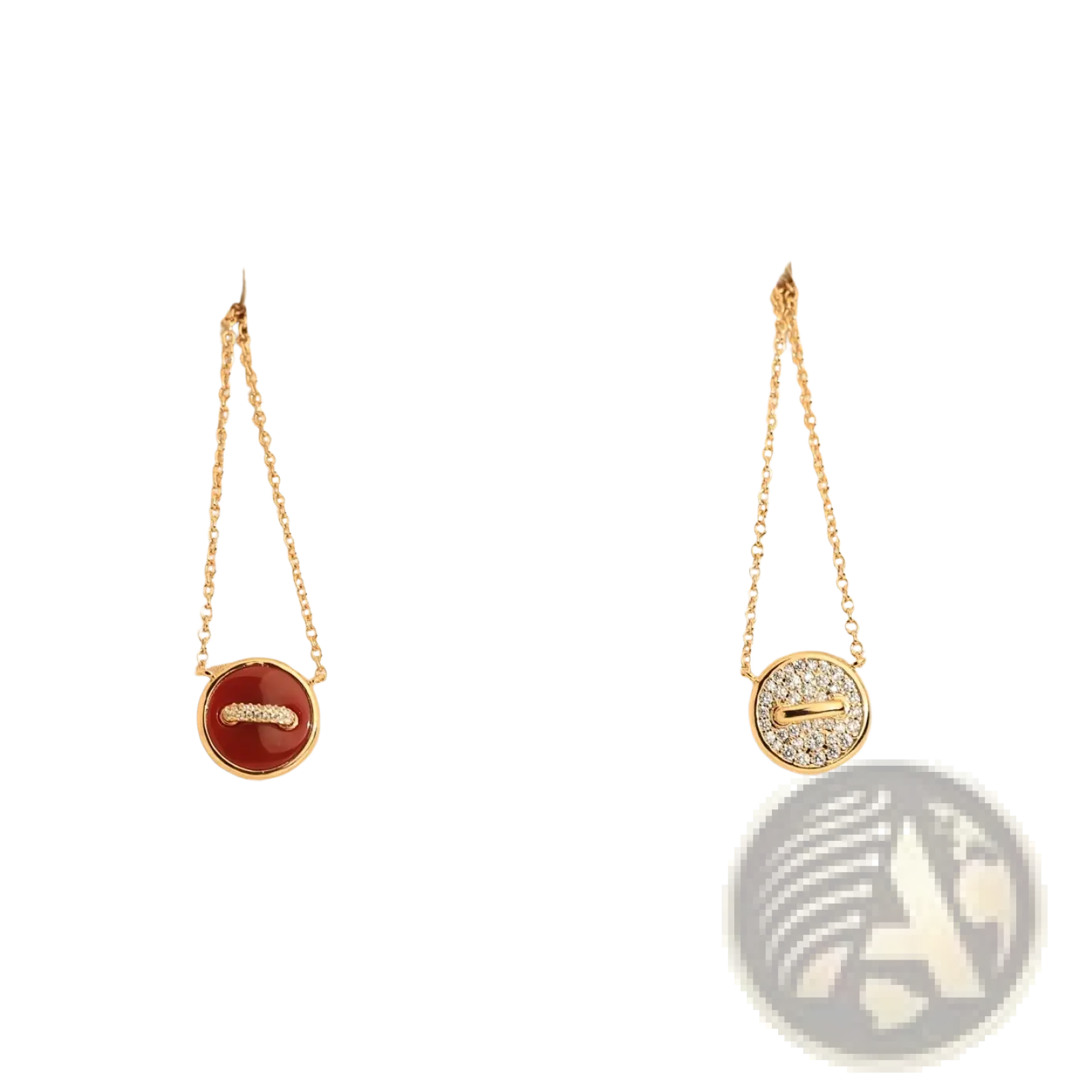Rose gold double sided button necklace sterling silver with two gold toned pendants featuring red and clear crystal charms
