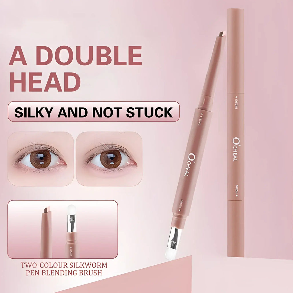 A dual-ended matte rose gold eyeshadow and silkworm pen with a fine tip and integrated blending brush