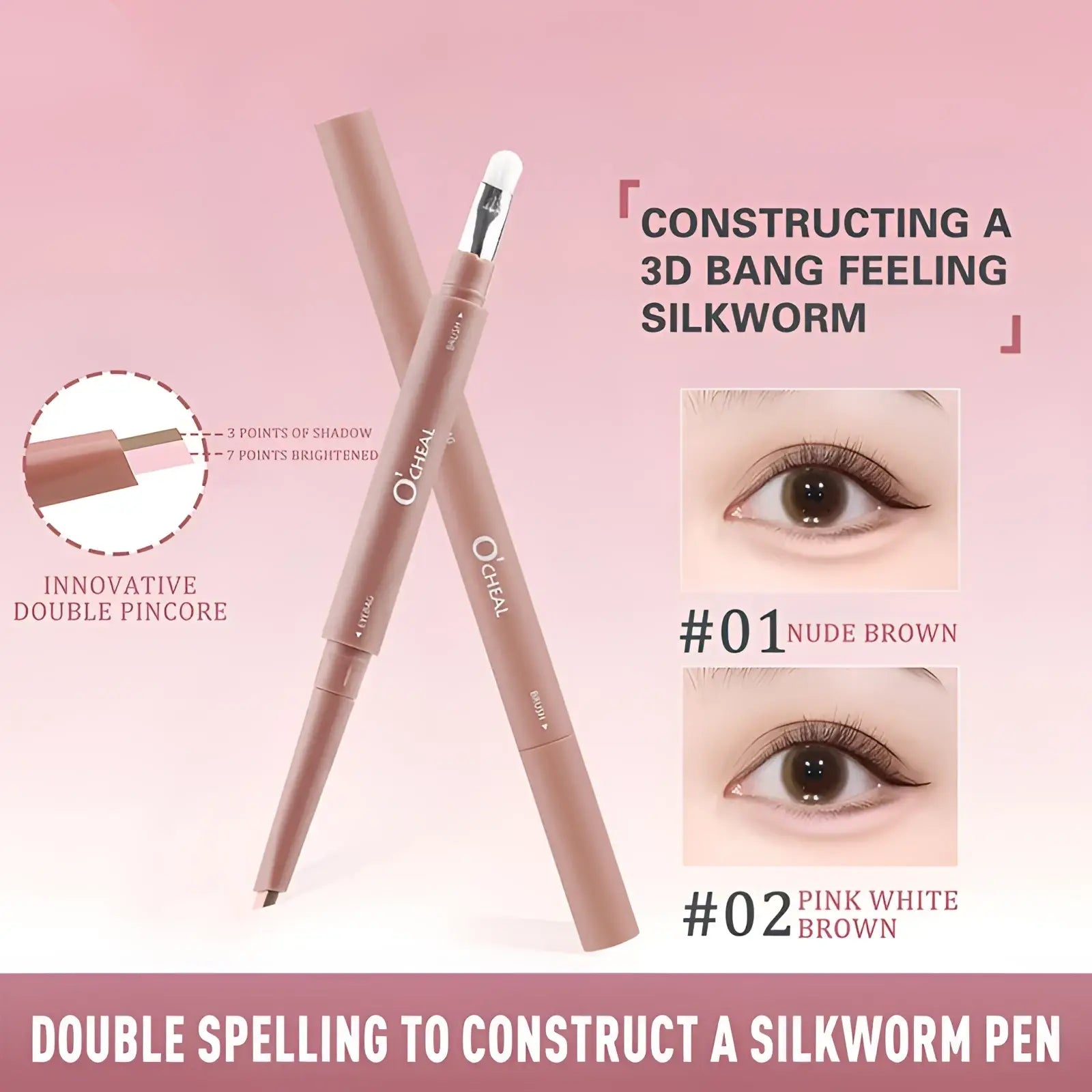 A sleek matte nude brown ochel 3d silkworm eye pencil with dual-ended design for shadow and highlight application