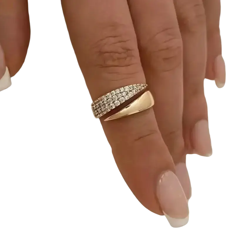 Rose gold interlocking diamond ring for women with two bands one diamond-adorned and one smooth polished