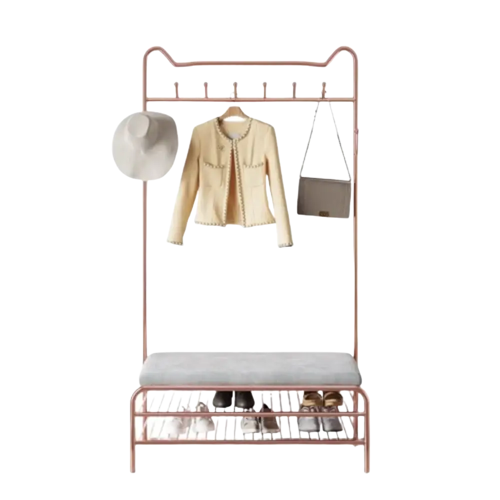 Rose gold kids clothes rack with cat ear top and upholstered bench seat in metal for children’s room storage