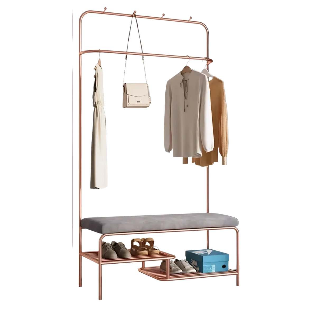 Rose gold kids clothes rack with metal frame gray upholstered bench and open shelving for organized storage