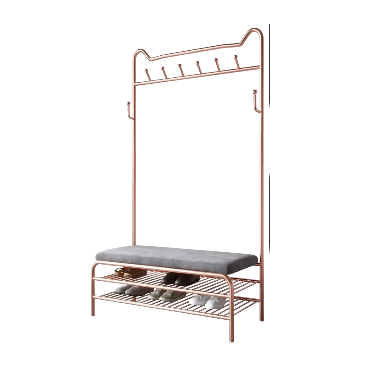 Rose gold metal kids clothes rack with gray upholstered bench and two wire shelves for organized storage