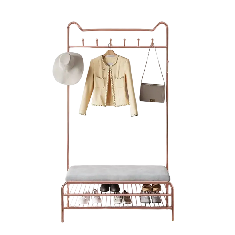 Rose gold metal kids clothes rack with integrated bench and shoe storage for organized children’s closets