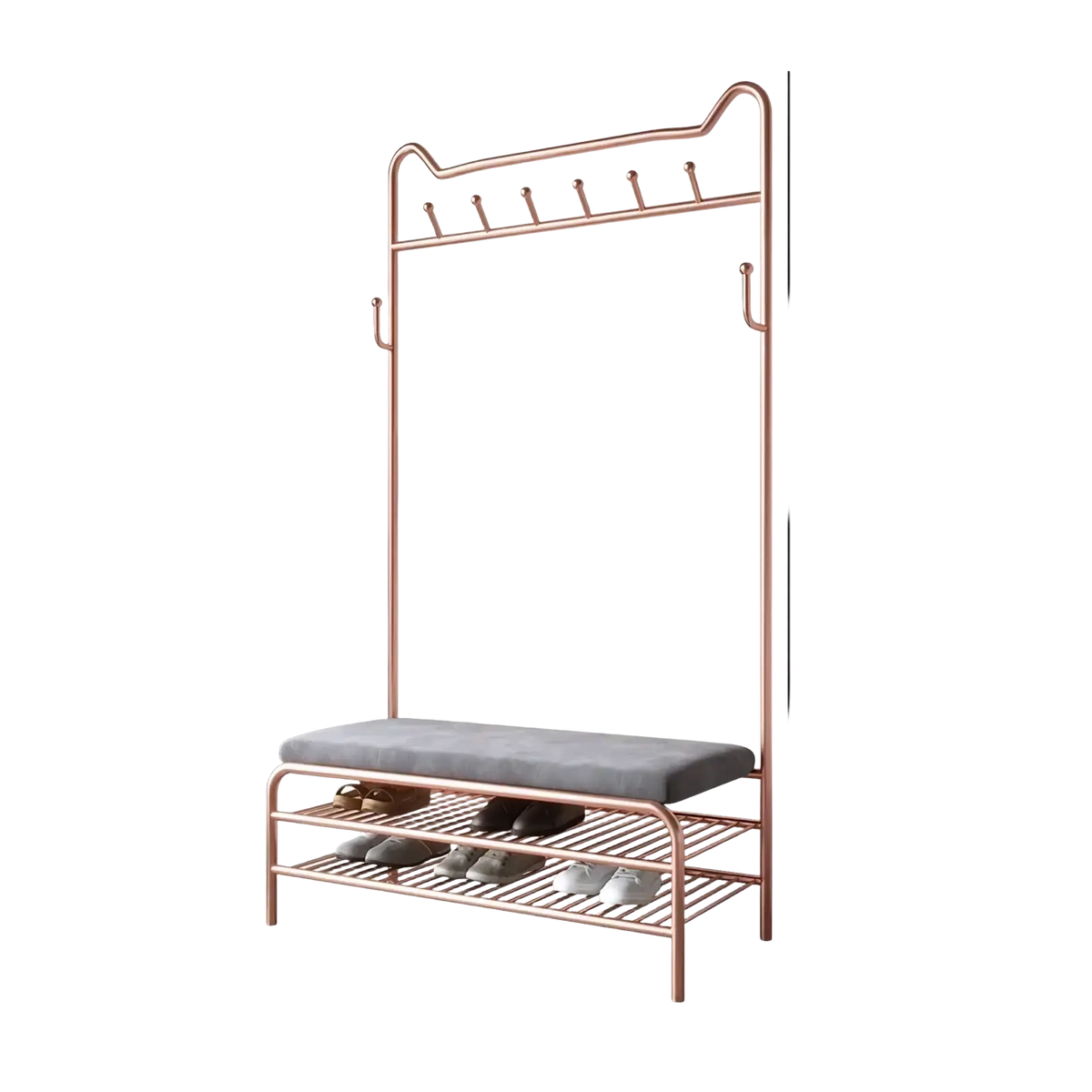 Rose gold metal kids clothes rack with gray upholstered bench and two wire shelves for organized storage