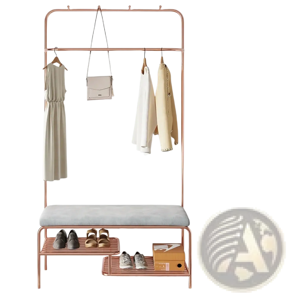 Rose gold metal kids clothes rack with a gray upholstered bench and two lower shelves for organized storage