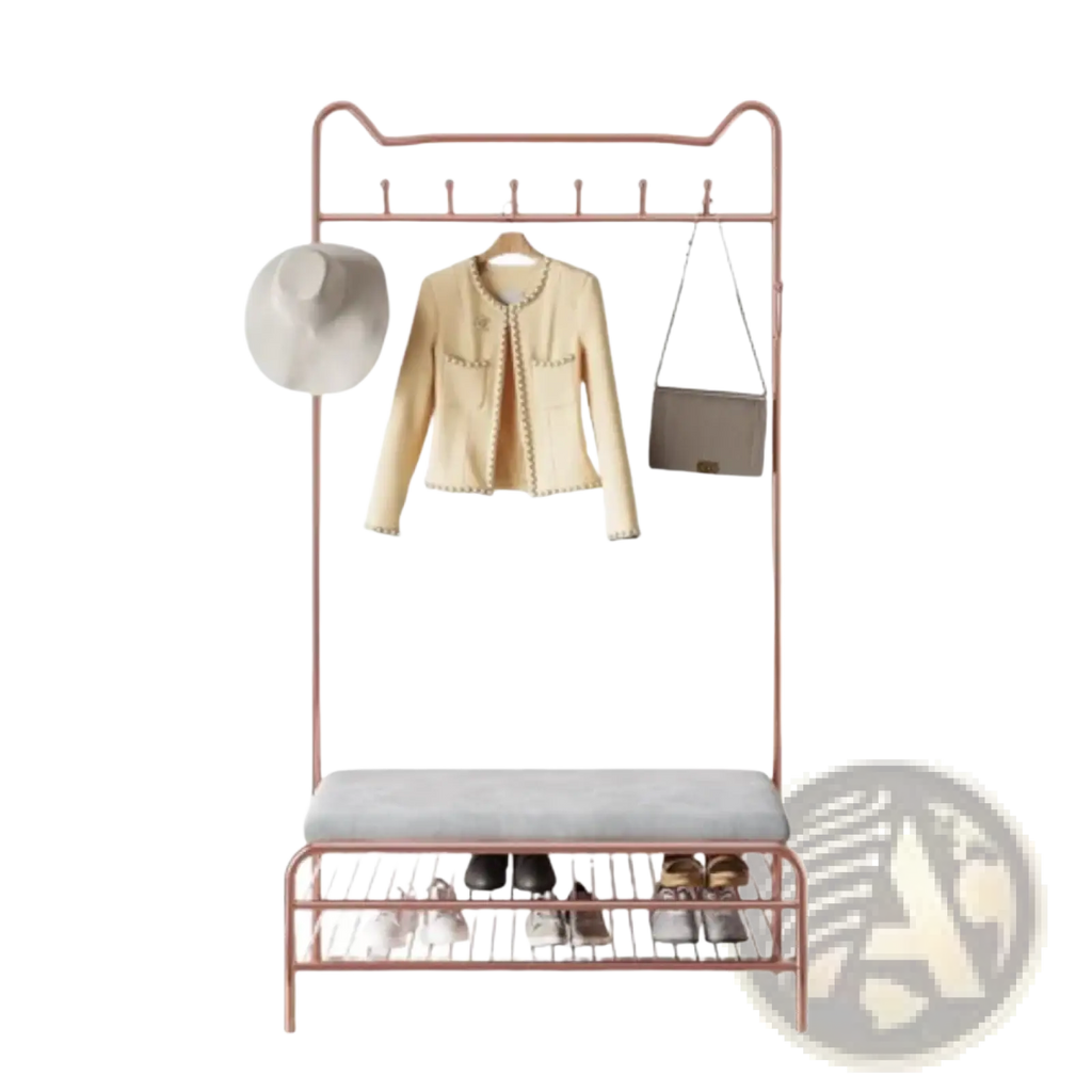 Rose gold kids clothes rack with cat ear top and upholstered bench seat in metal for children’s room storage