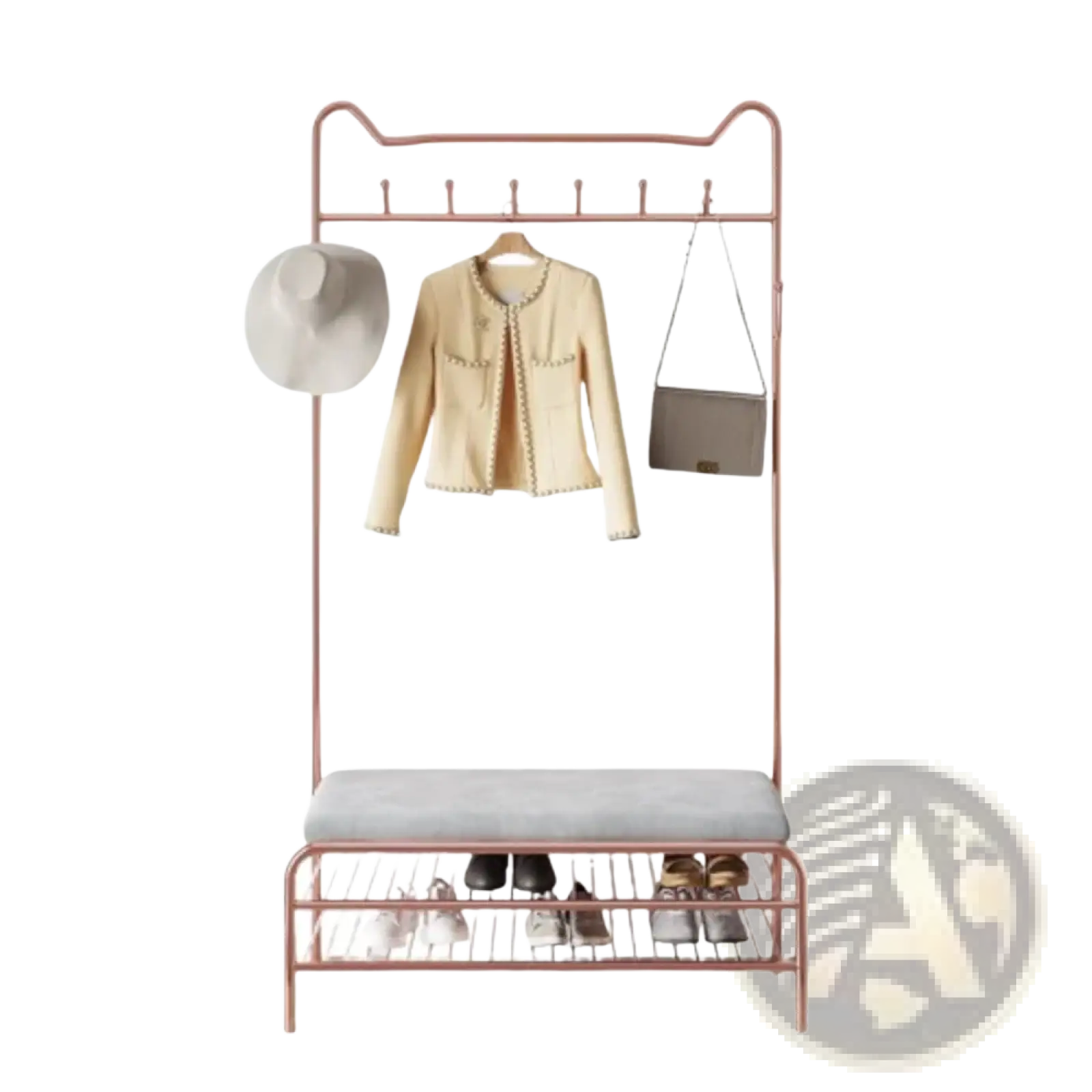 Rose gold kids clothes rack with cat ear top and upholstered bench seat in metal for children’s room storage