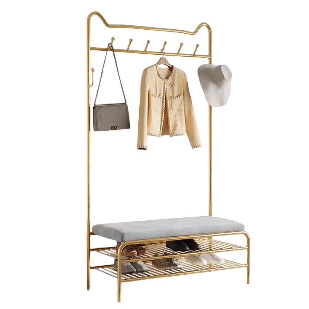 Rose gold kids clothes rack with bench featuring gold metal coat rack and integrated shoe storage with cat-ear design