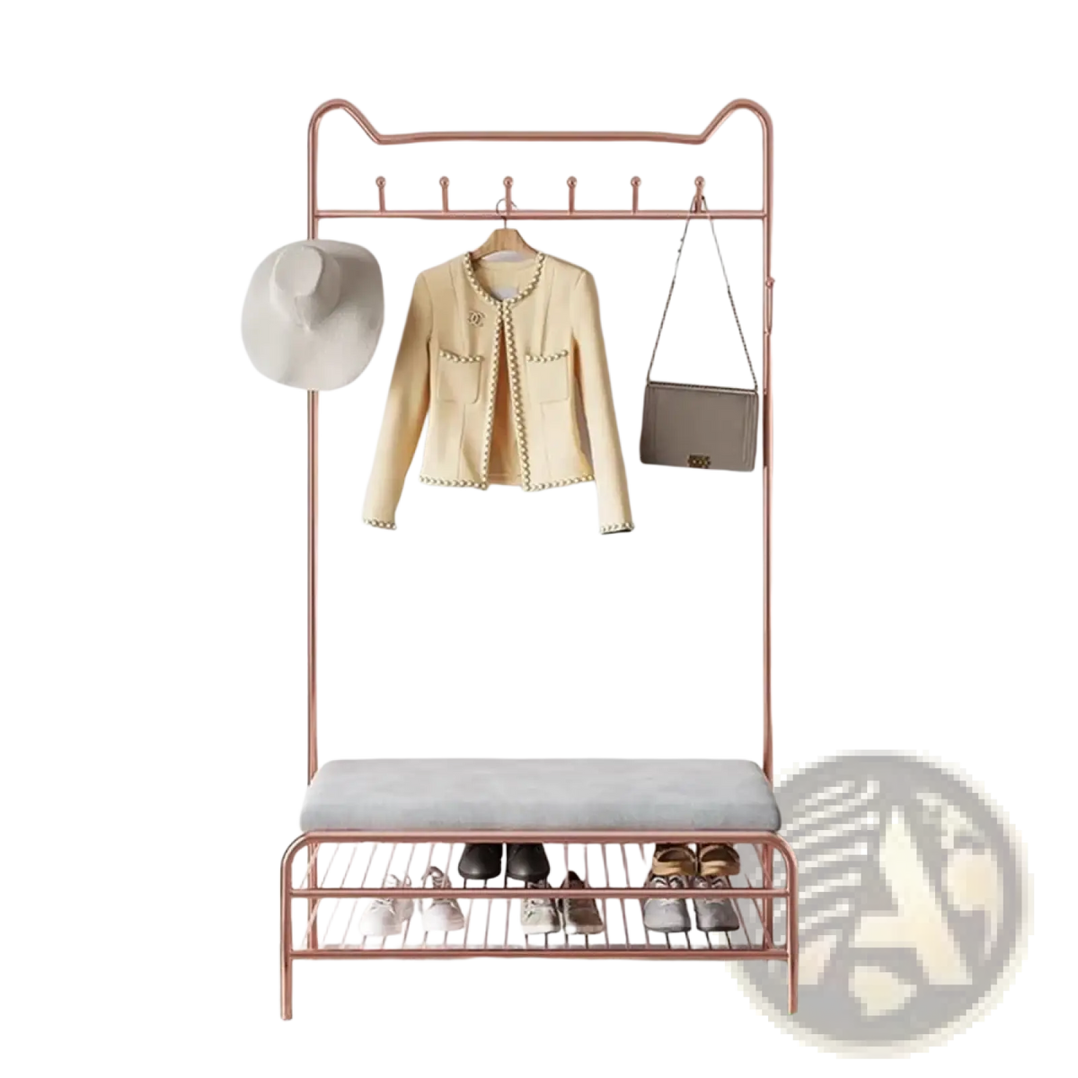 Rose gold metal kids clothes rack with integrated bench and shoe storage for organized children’s closets