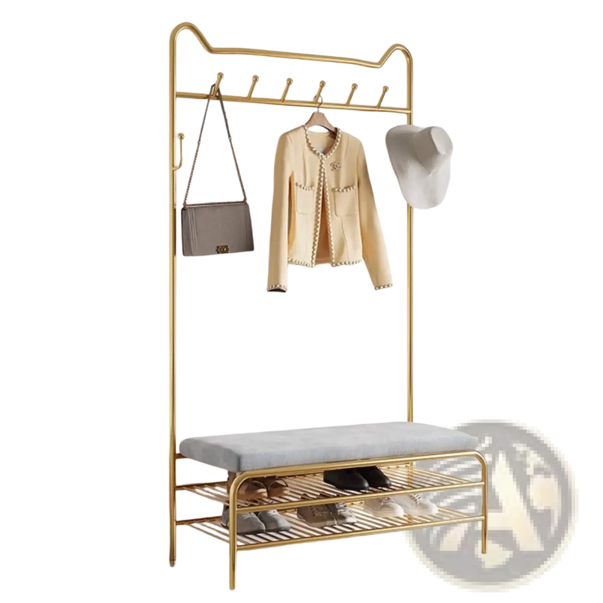 Rose gold kids clothes rack with bench featuring gold metal coat rack and integrated shoe storage with cat-ear design