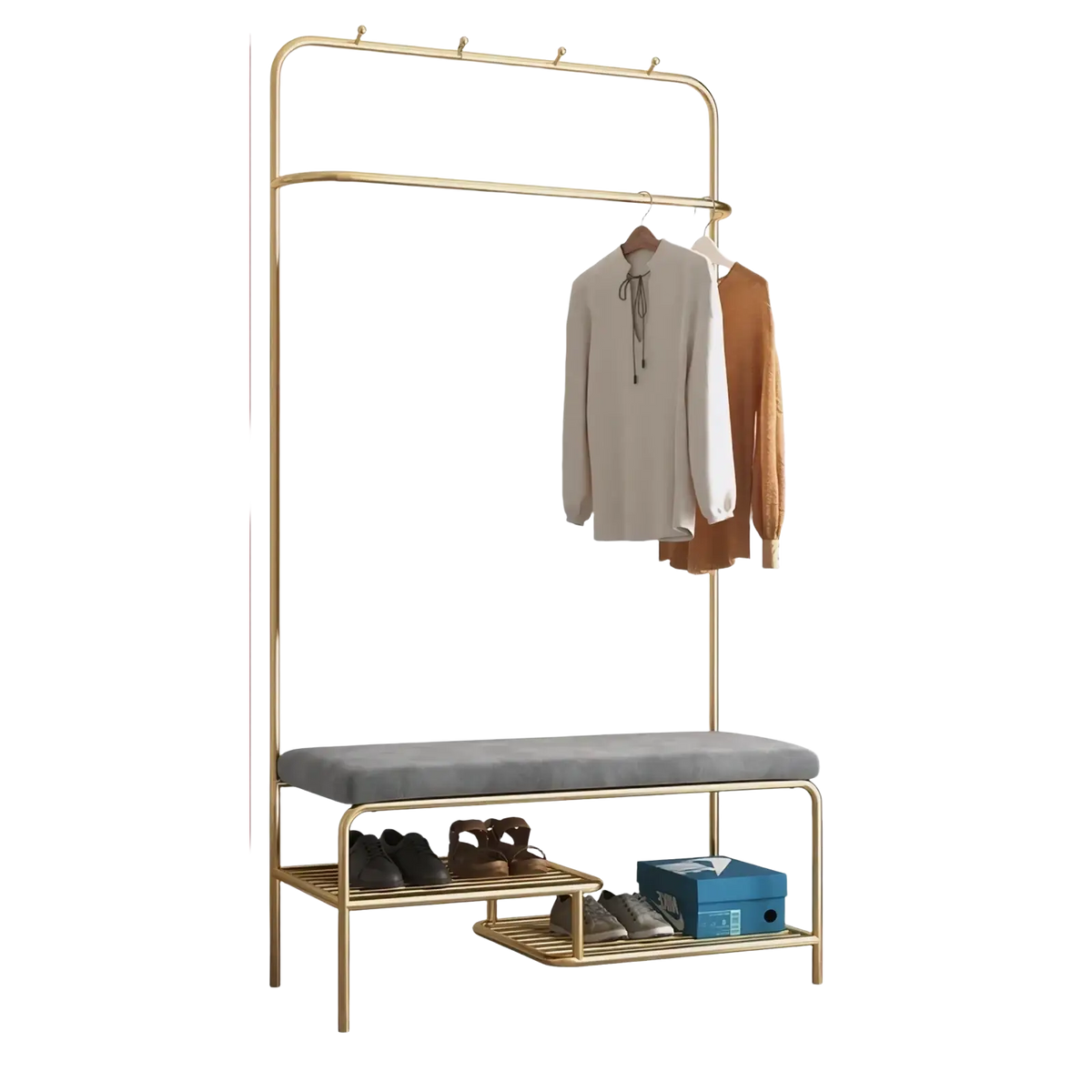 Rose gold kids clothes rack with gold metal frame, gray upholstered bench, and two lower storage shelves