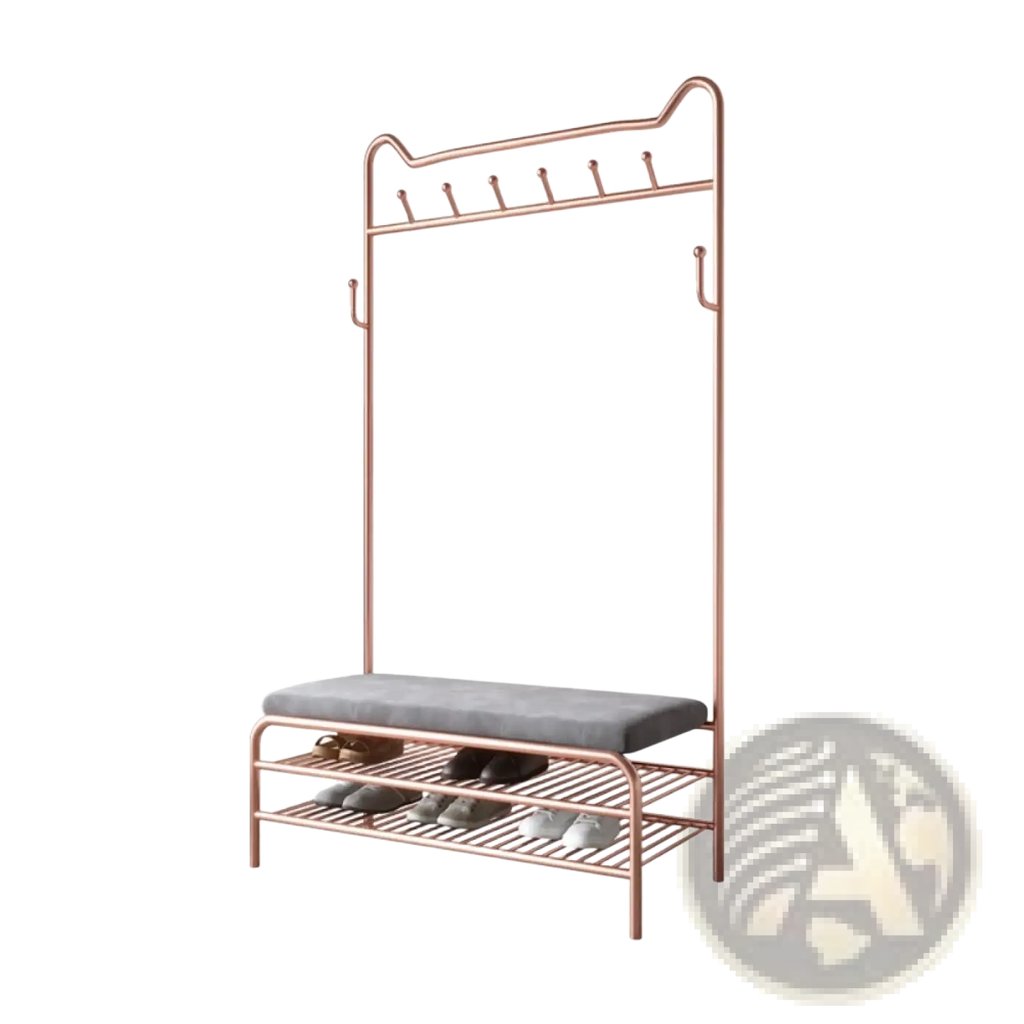Rose gold kids clothes rack with a gray upholstered bench seat and two lower metal shelves for shoe storage