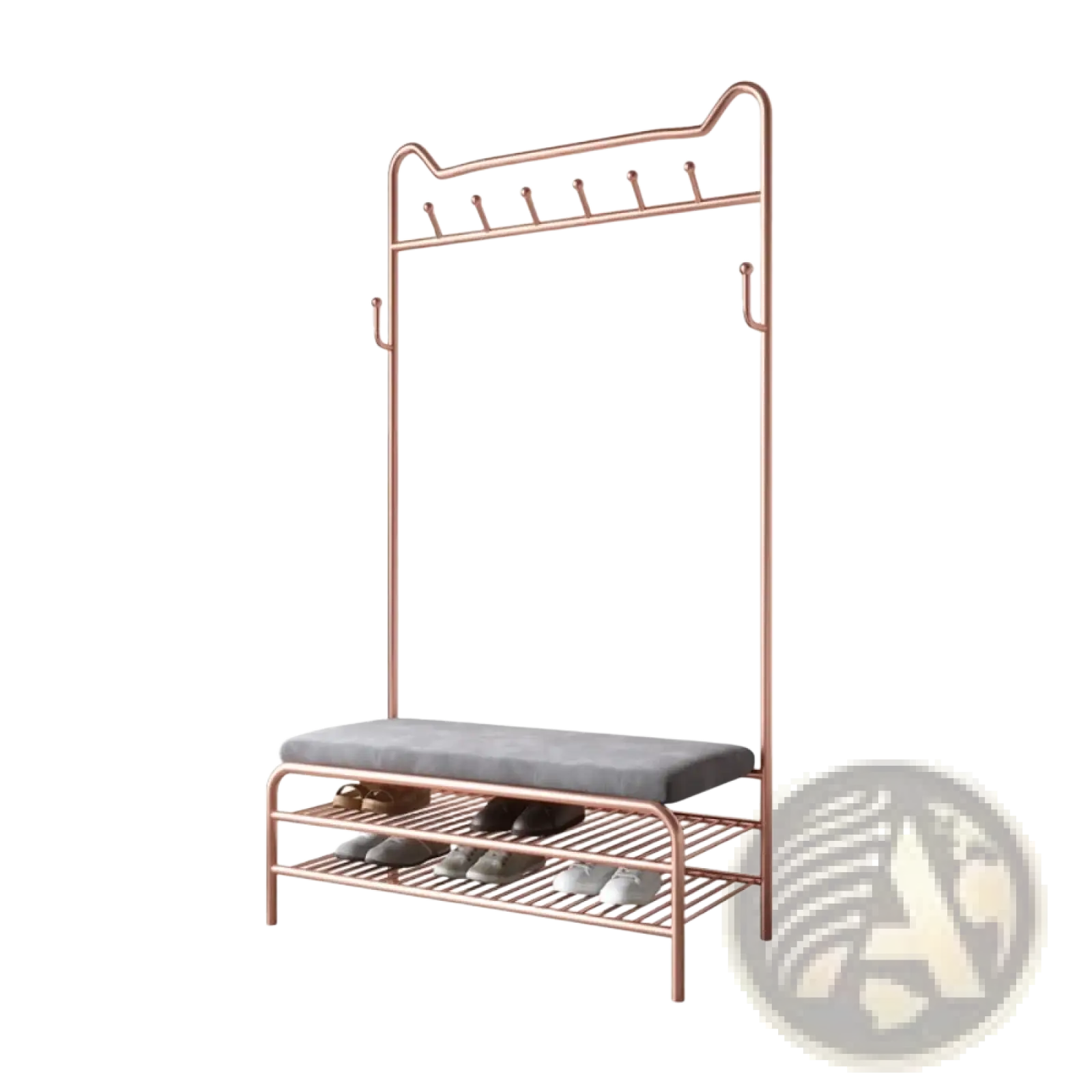 Rose gold kids clothes rack with a gray upholstered bench seat and two lower metal shelves for shoe storage