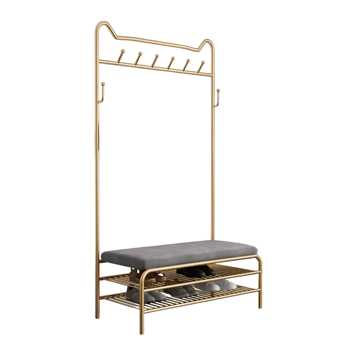 Rose gold kids clothes rack with a gold metal frame, gray upholstered seat, and two lower shelves for storage