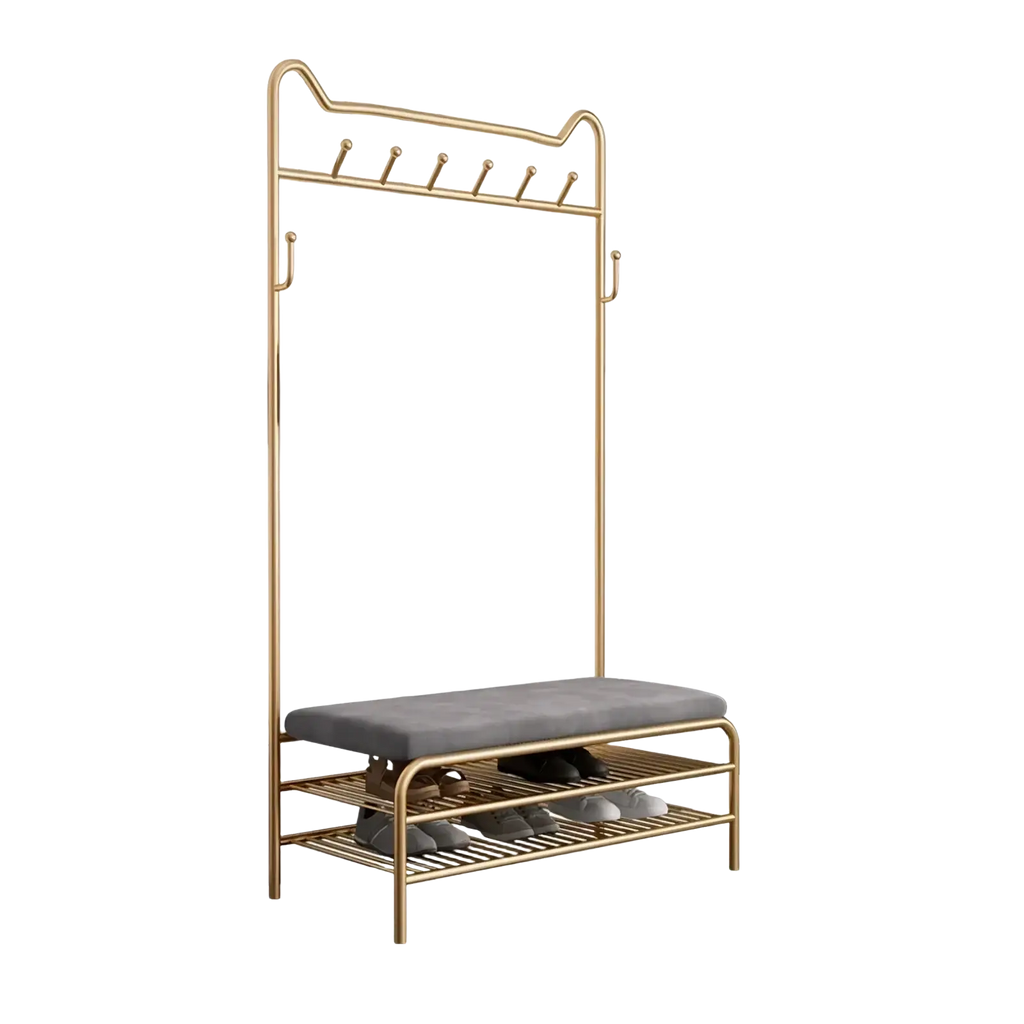 Rose gold kids clothes rack with bench featuring gold metal frame, gray upholstered seat, and two wire shelves
