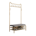 Rose gold kids clothes rack with bench featuring gold metal frame, gray upholstered seat, and two wire shelves