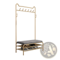 Rose gold kids clothes rack with bench featuring gold metal frame, gray upholstered seat, and two wire shelves