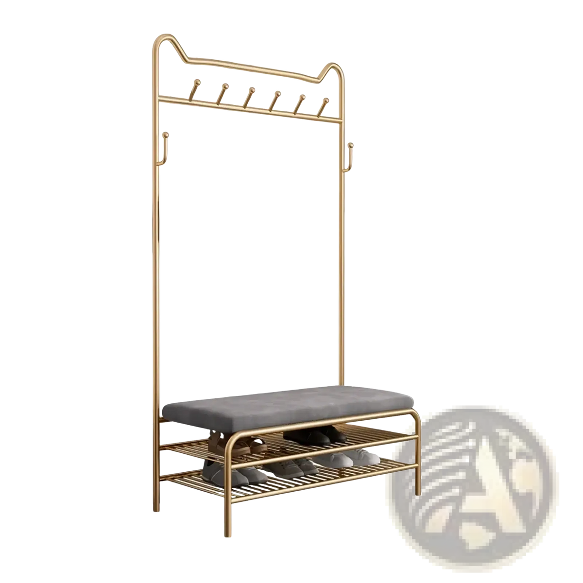 Rose gold kids clothes rack with bench featuring gold metal frame, gray upholstered seat, and two wire shelves