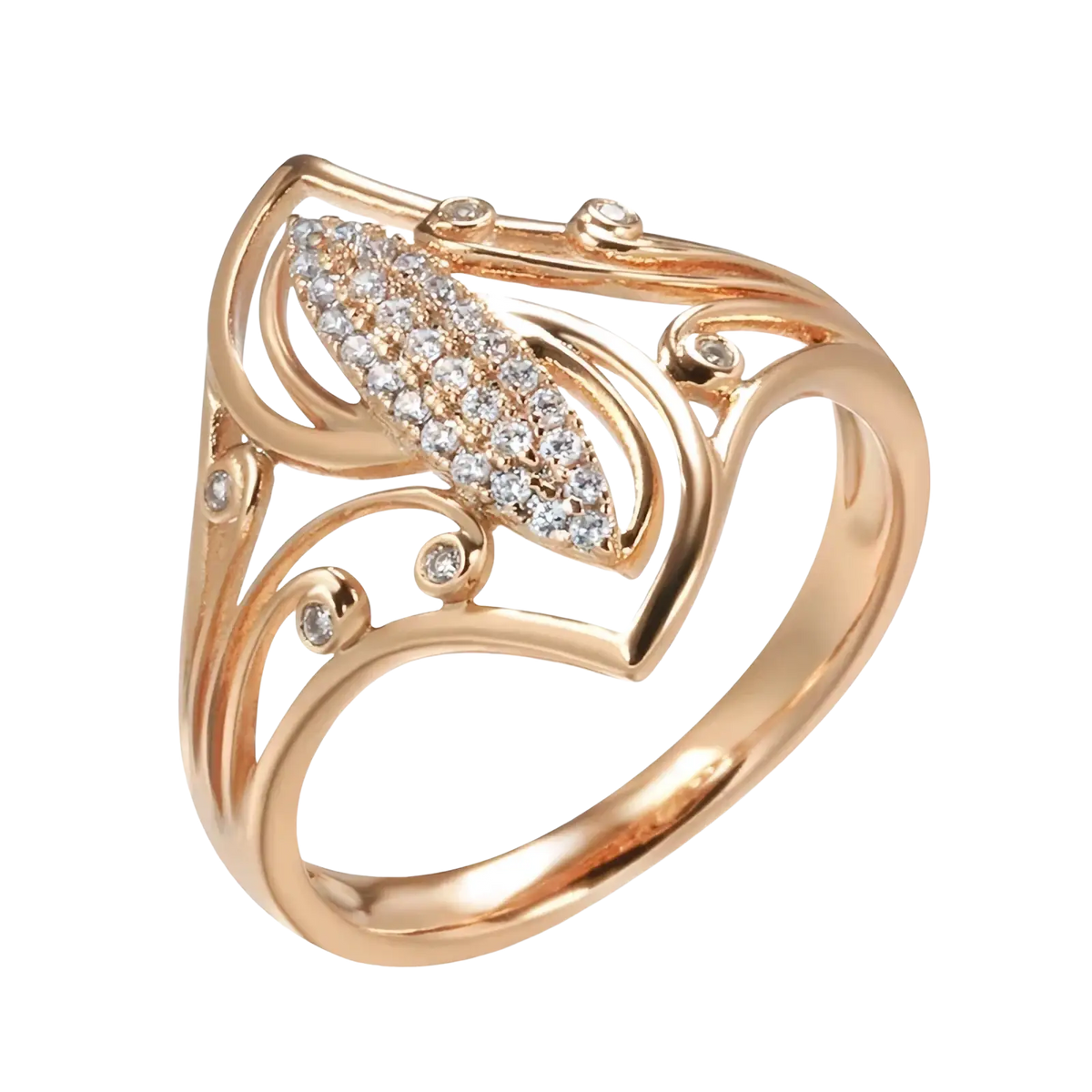 Rose gold leaf zircon ring featuring an intricate leaf design with clear crystals and accent stones on swirling bands