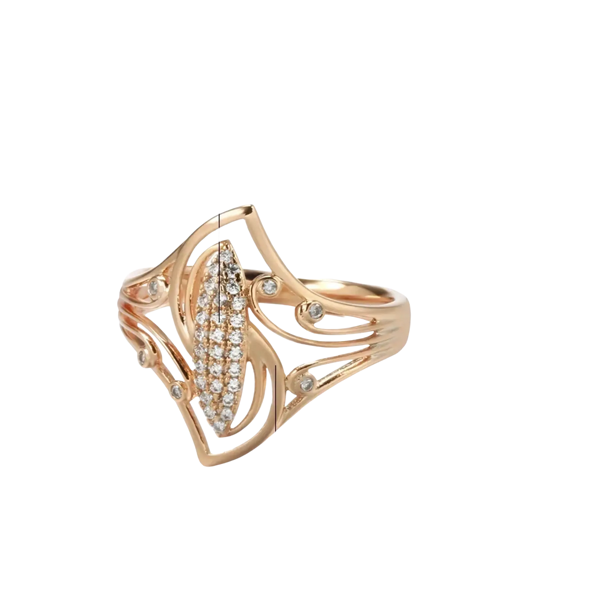 Elegant rose gold leaf zircon ring featuring a central cluster of natural zircon stones in an intricate design