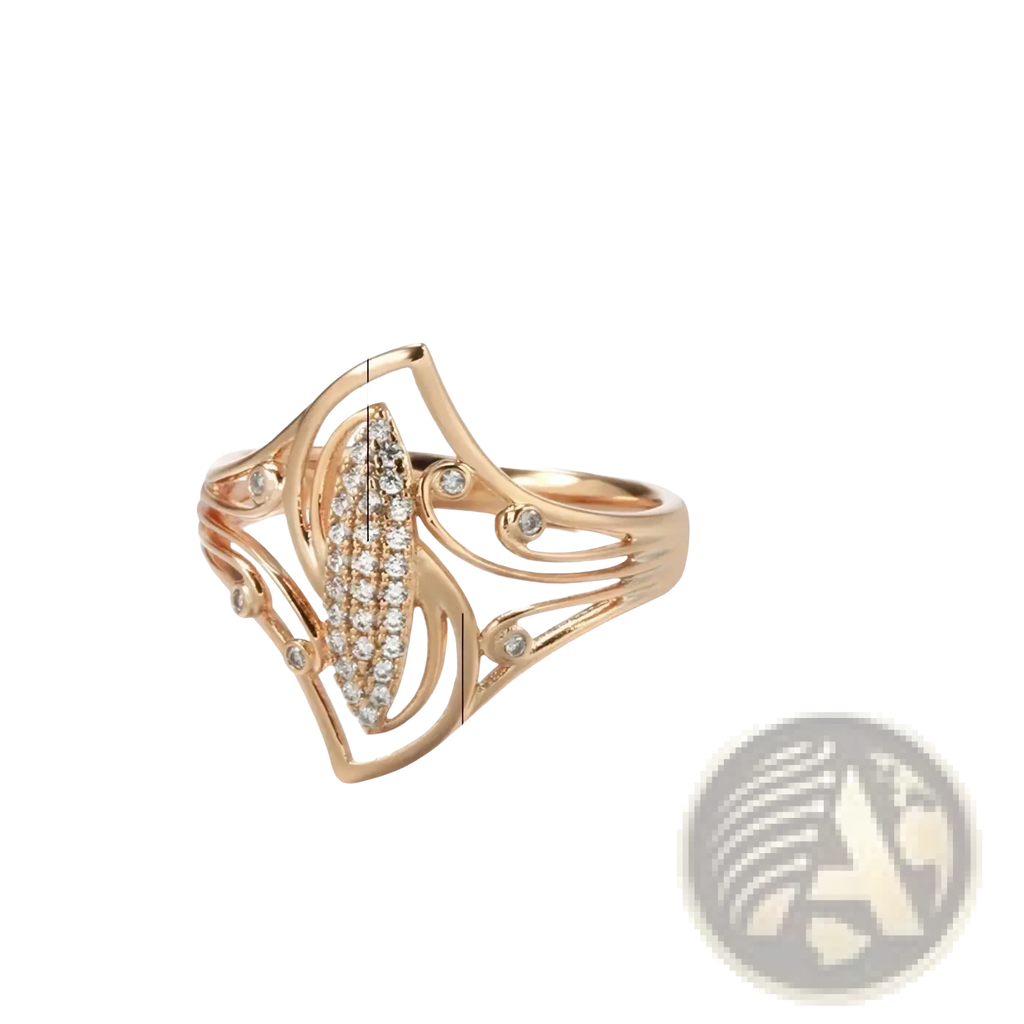 Elegant rose gold leaf zircon ring featuring a central cluster of natural zircon stones in an intricate design