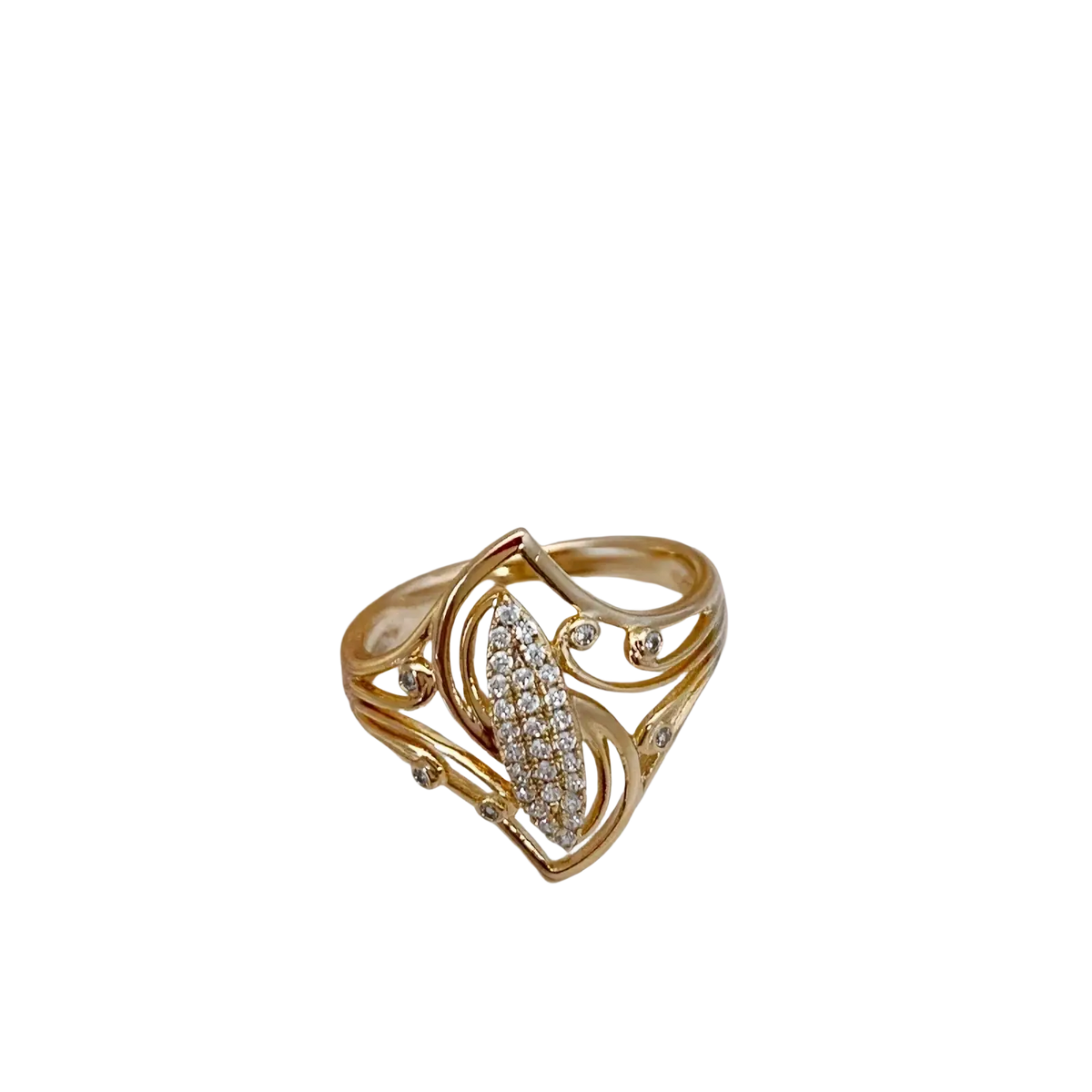 Rose gold leaf zircon ring featuring an intricate leaf design with a central cluster of sparkling diamonds