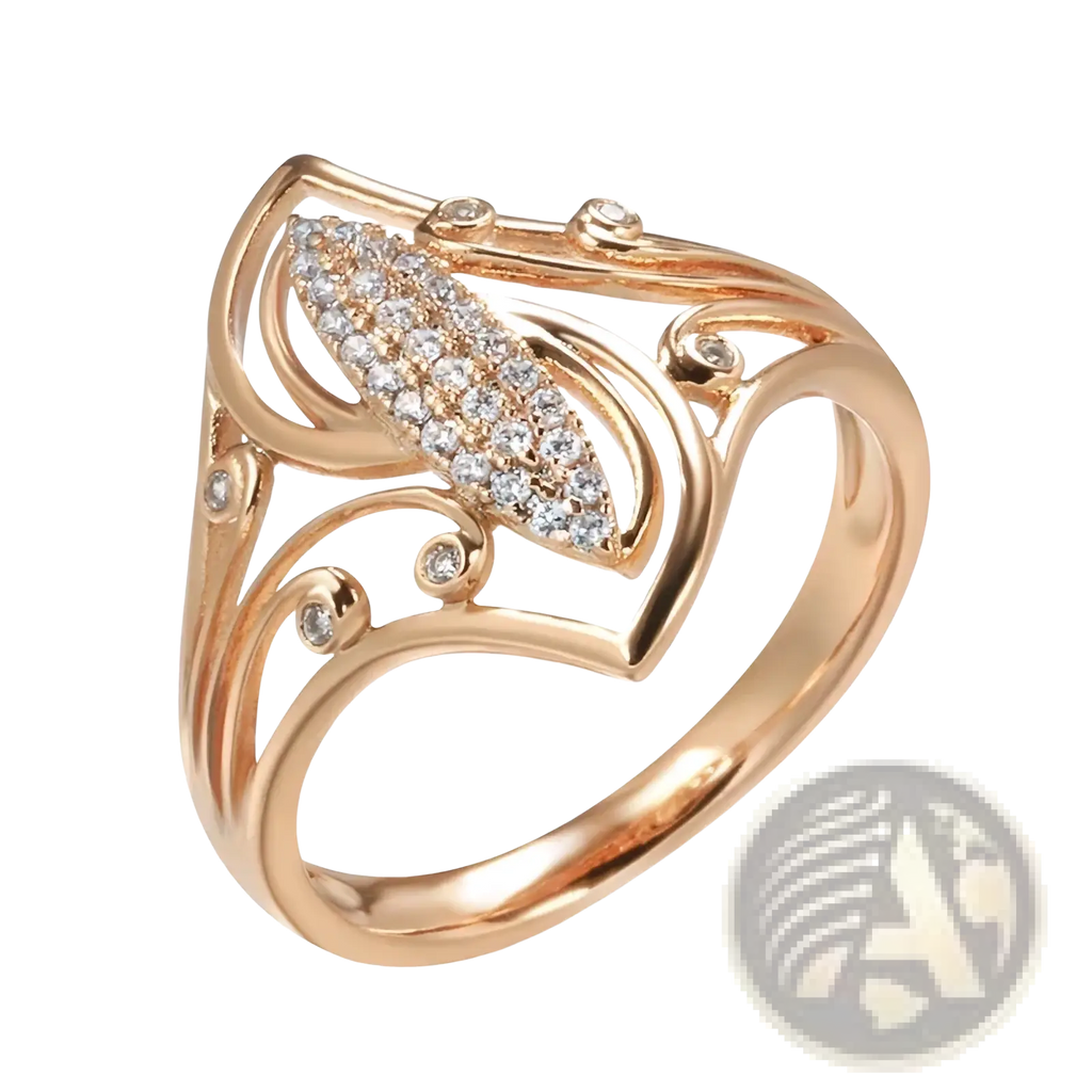 Rose gold leaf zircon ring featuring an intricate leaf design with clear crystals and accent stones on swirling bands
