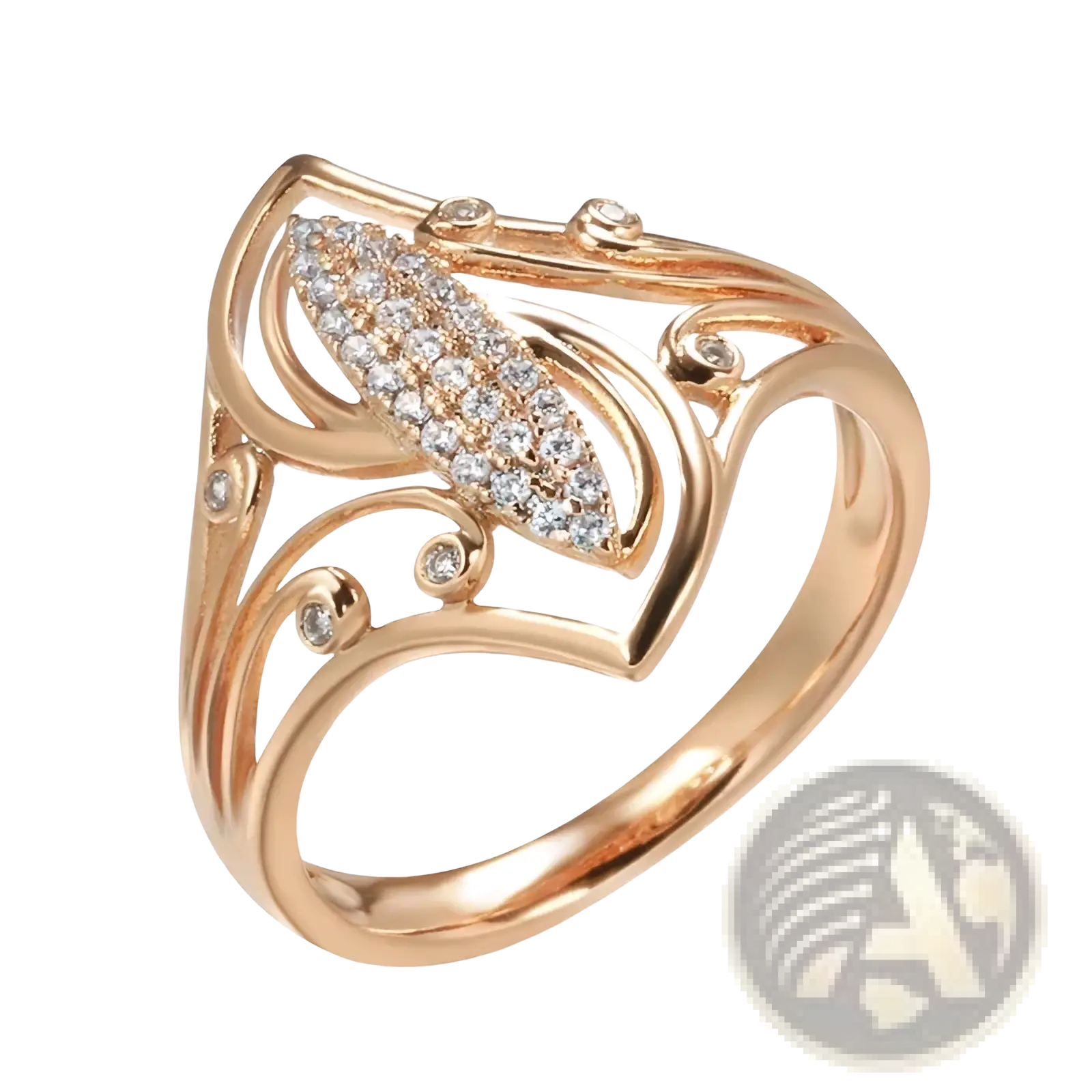 Rose gold leaf zircon ring featuring an intricate leaf design with clear crystals and accent stones on swirling bands