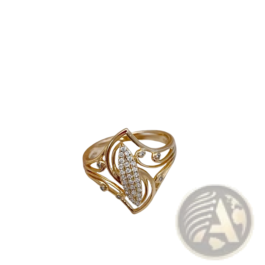 Rose gold leaf zircon ring featuring an intricate leaf design with a central cluster of sparkling diamonds
