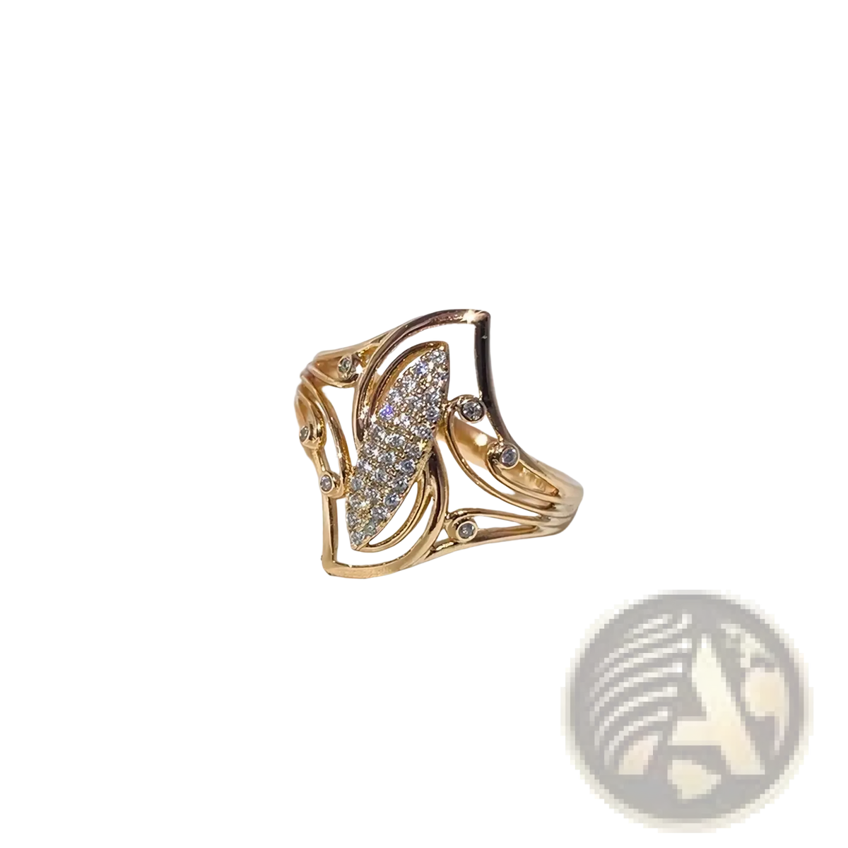 Rose gold leaf zircon ring featuring a gold-toned band with marquise-cut diamond cluster and smaller diamond accents
