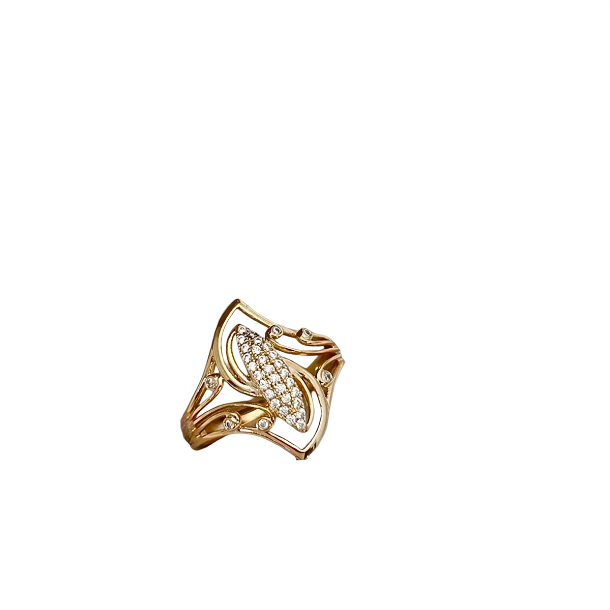 Rose gold leaf zircon ring featuring a gold-toned band with intricate leaf design and clear crystal cluster center