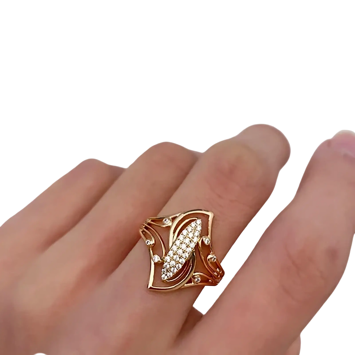Rose gold leaf zircon ring with a gold-toned intricate leaf design and central cluster of sparkling diamonds