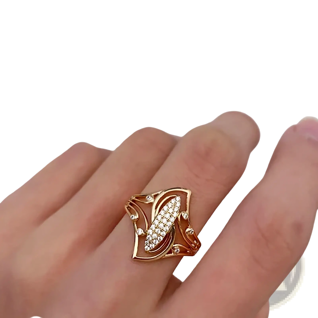 Rose gold leaf zircon ring with a gold-toned intricate leaf design and central cluster of sparkling diamonds