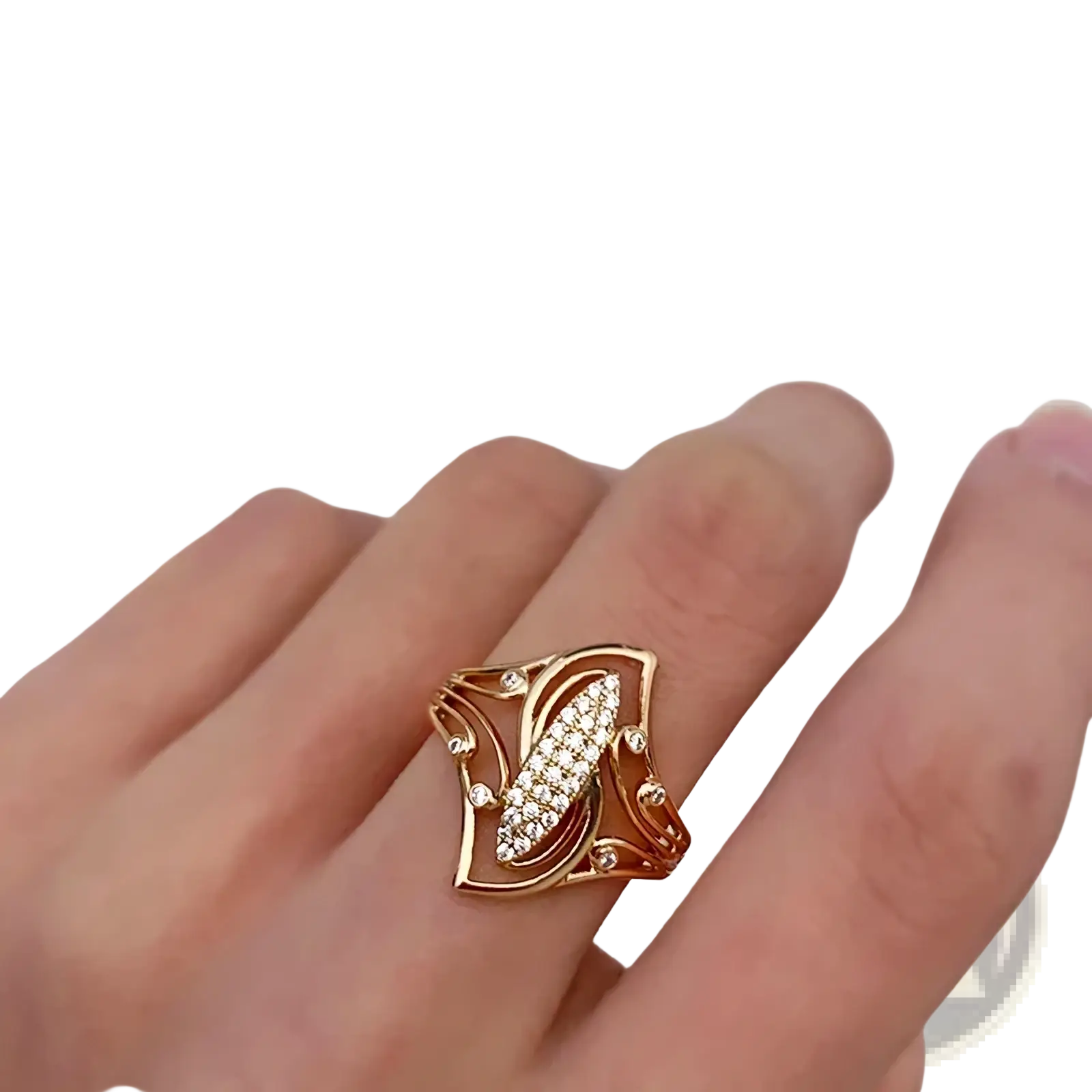 Rose gold leaf zircon ring with a gold-toned intricate leaf design and central cluster of sparkling diamonds
