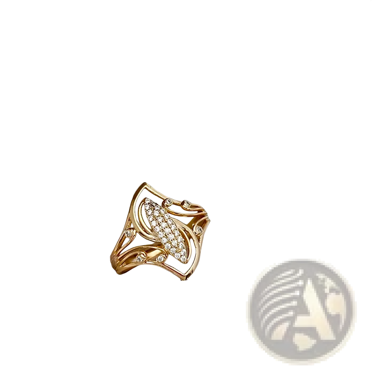 Rose gold leaf zircon ring featuring a gold-toned band with intricate leaf design and clear crystal cluster center