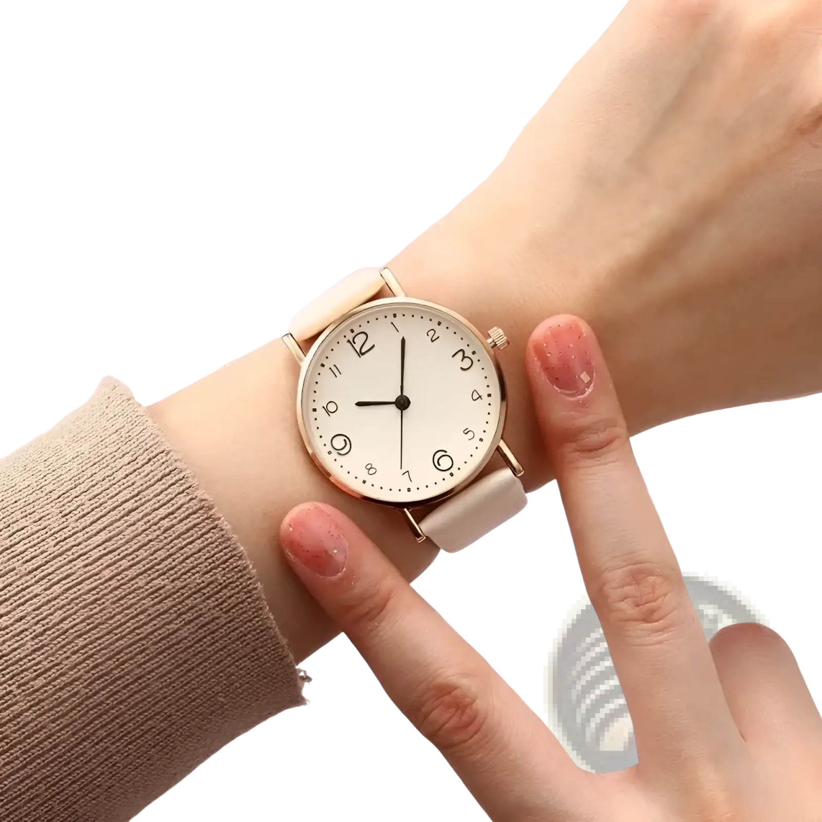 A rose gold leather casual watch with minimalist white dial and cream leather strap worn on a wrist with Arabic numerals