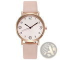 Rose gold leather casual watch with minimalist white dial black arabic numerals and blush pink leather strap