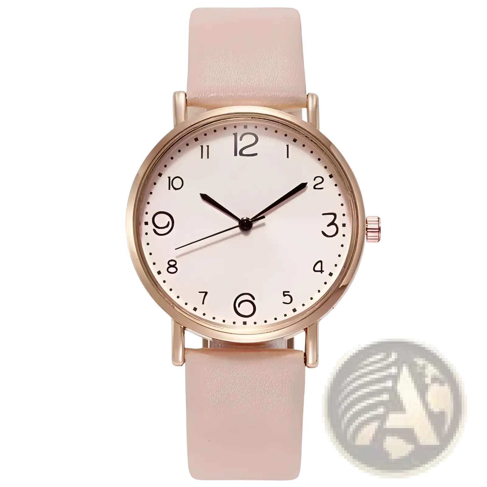 Rose gold leather casual watch with minimalist white dial black arabic numerals and blush pink leather strap