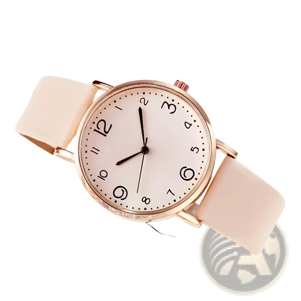 A rose gold leather casual watch with a blush pink strap and minimalist black Arabic numerals on a light face