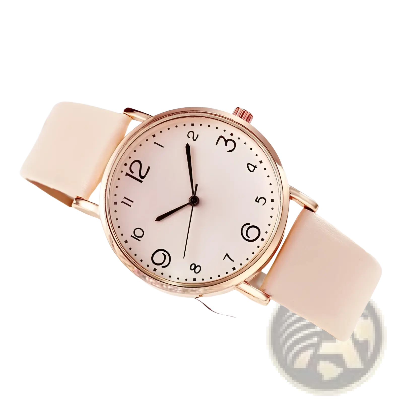 A rose gold leather casual watch with a blush pink strap and minimalist black Arabic numerals on a light face