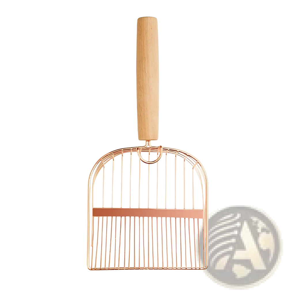 Rose gold metal cat litter scoop with light wood handle and horizontal accent bar for easy scooping