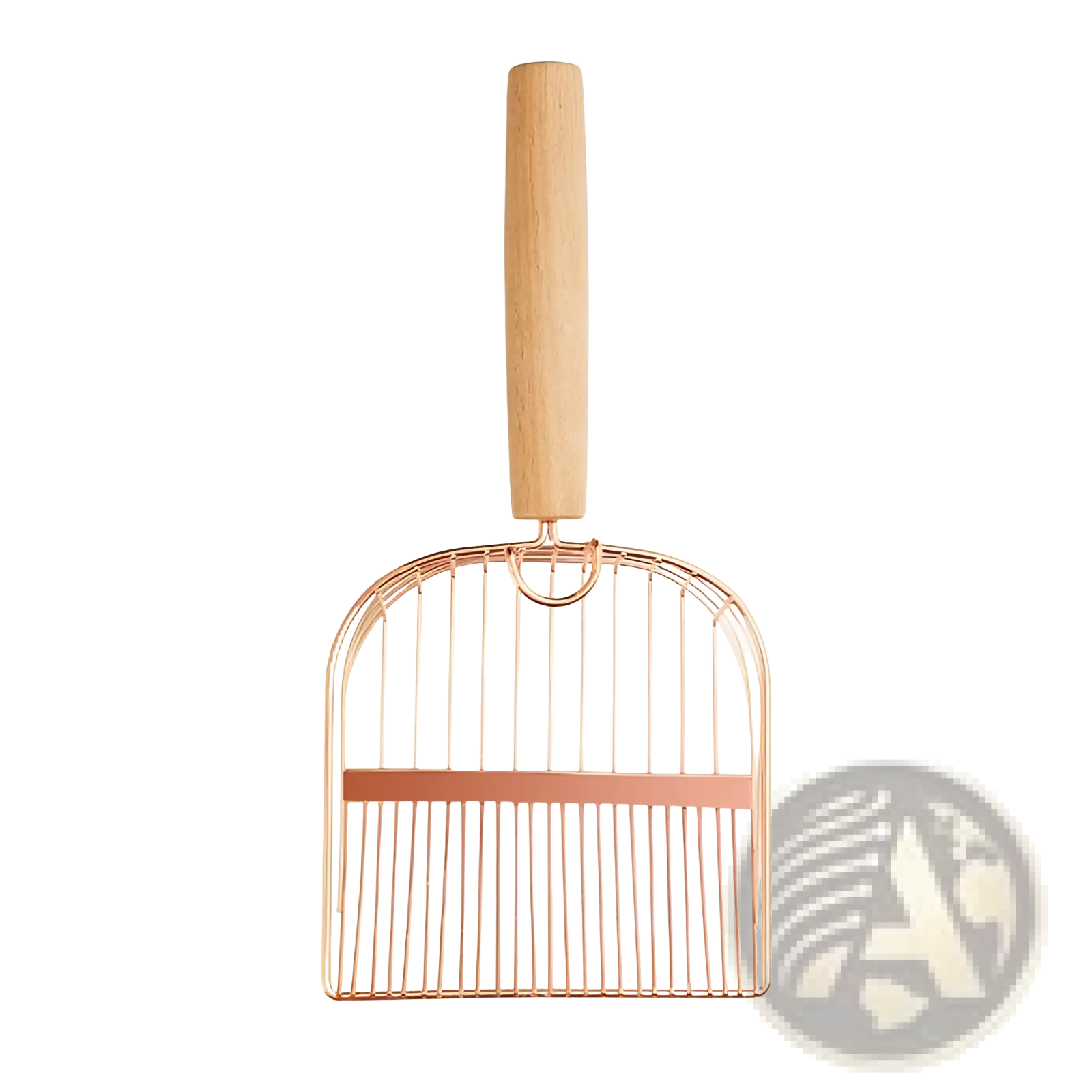 Rose gold metal cat litter scoop with light wood handle and horizontal accent bar for easy scooping