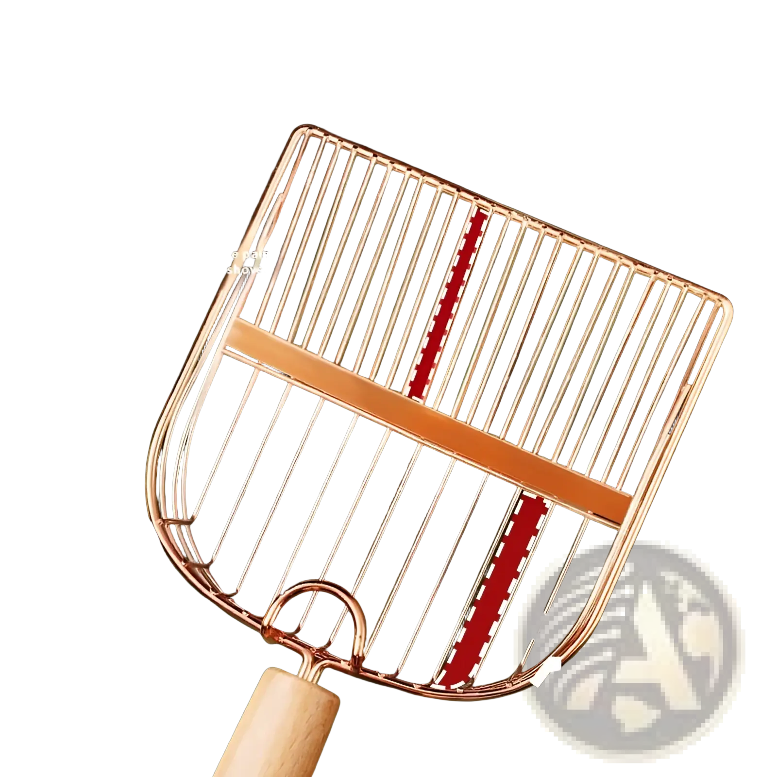 Rose gold metal cat litter scoop with wood handle featuring adjustable width slots for small and large particles