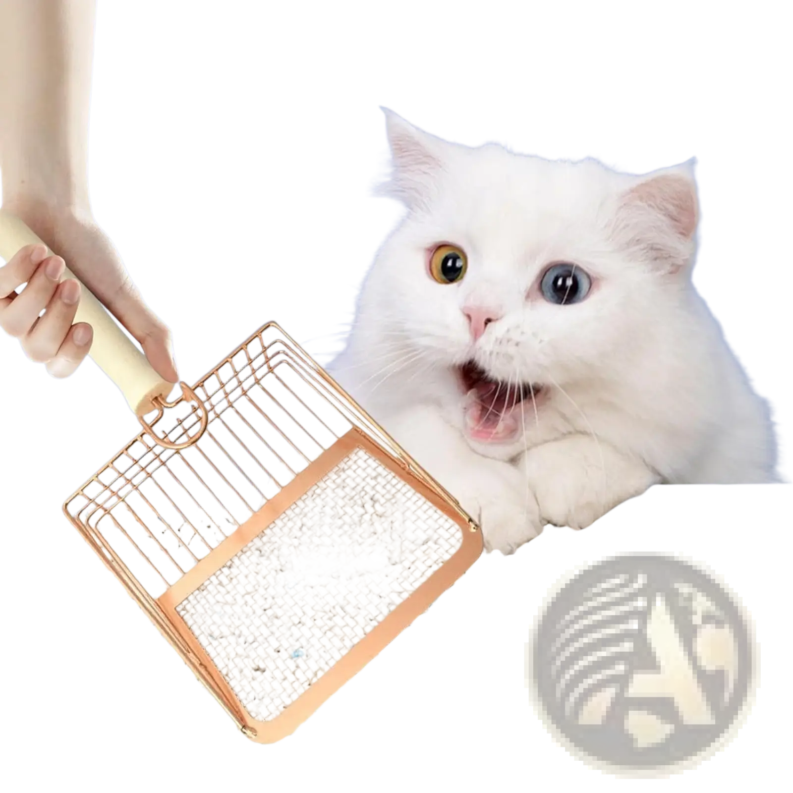Rose gold metal cat litter scoop with cream wood handle for easy cleaning and durability in pet care