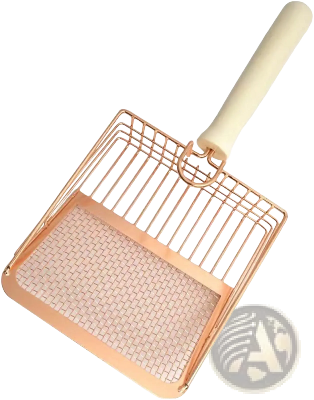 Rose gold metal cat litter scoop with cream wooden handle designed for efficient litter cleaning