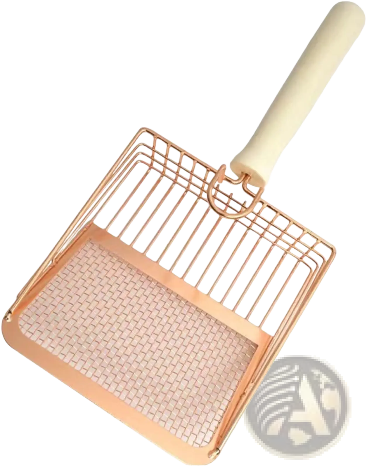 Rose gold metal cat litter scoop with cream wooden handle designed for efficient litter cleaning