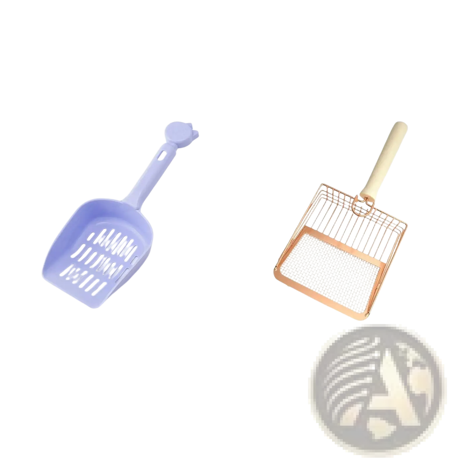 Rose gold metal cat litter scoop with cream wood handle and mesh design for easy cleaning and sifting