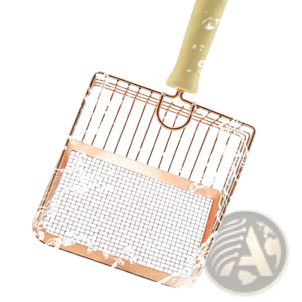 Rose gold metal cat litter scoop with mesh grill basket and light green wood handle for easy cleaning